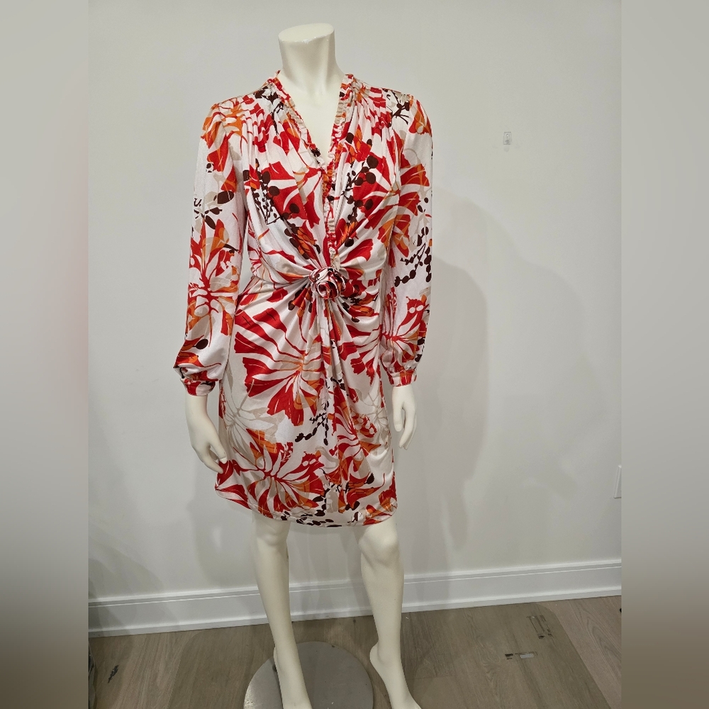 Orange and White Print Floral Mini With Rossette Detail Dress Floral Applique